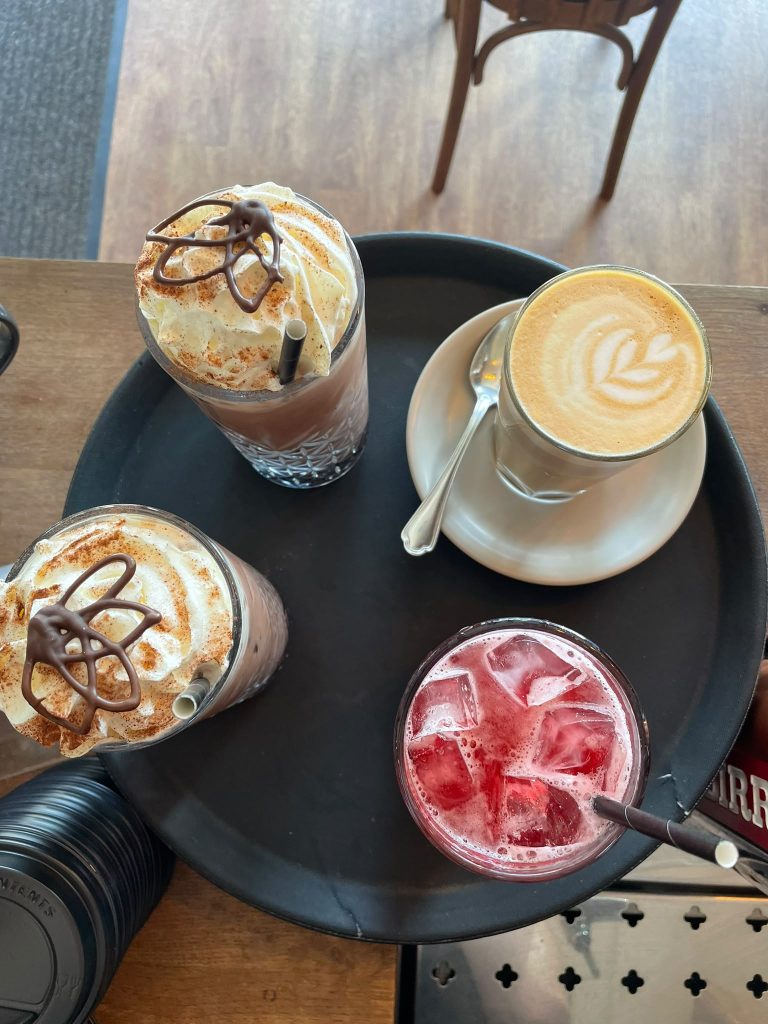 Hot chocolates, latte and iced drink at Trio Cafe & Bar, York