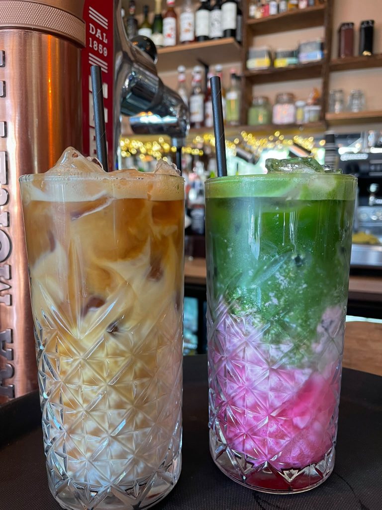 Iced latte and iced matcha at Trio Cafe & Bar, York