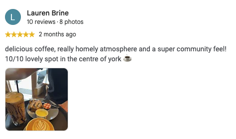 Google review of Trio Cafe & Bar praising the coffee and homely atmosphere