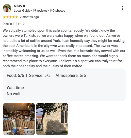 Google review of Trio Cafe & Bar calling it the best Americano in York